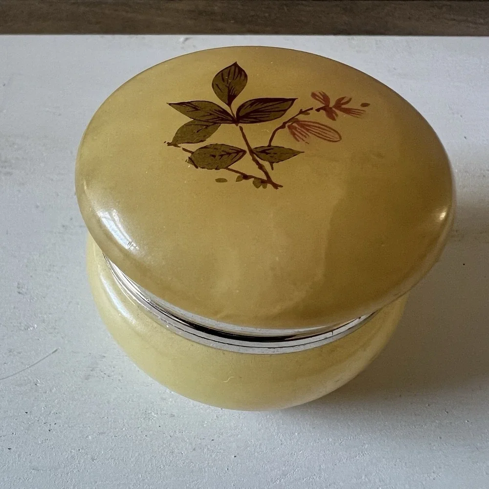 Vintage Yellow Alabaster Trinket Box With Floral Pattern On Top 2 In W X 1.75 H